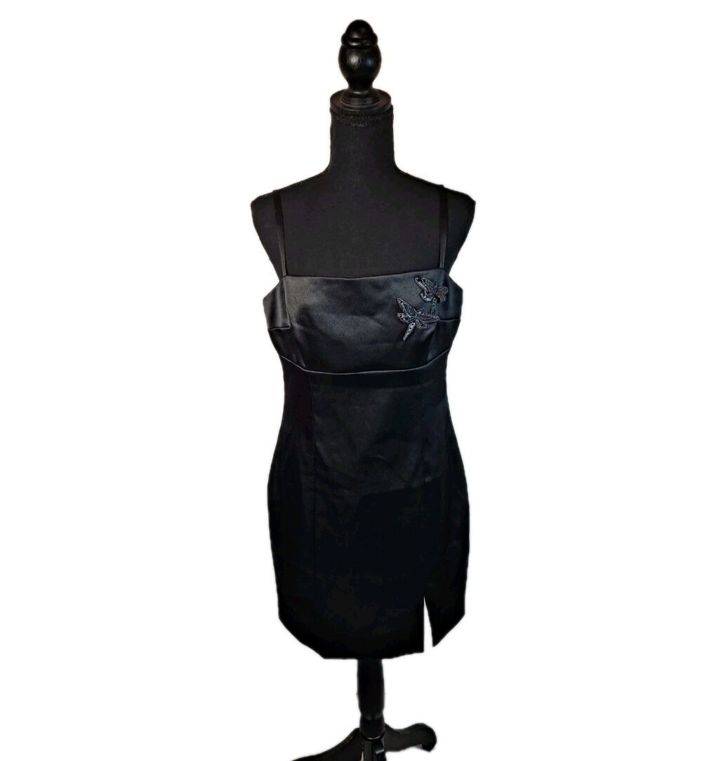 Hugo Buscati Vintage Y2K Dragonfly Slip Dress Sz 12 Black Satin Spaghetti Strap